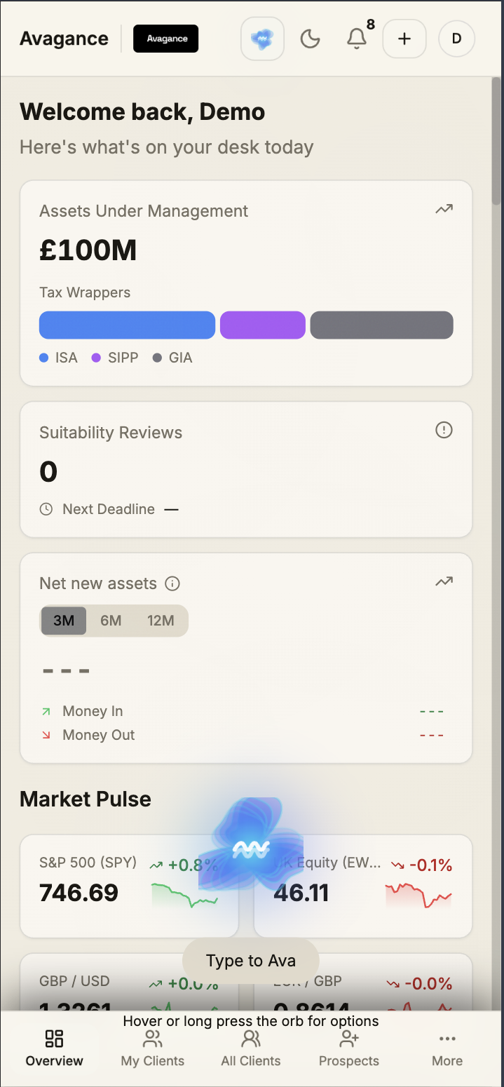 The Avagance mobile app showing assets under management, suitability reviews and market pulse